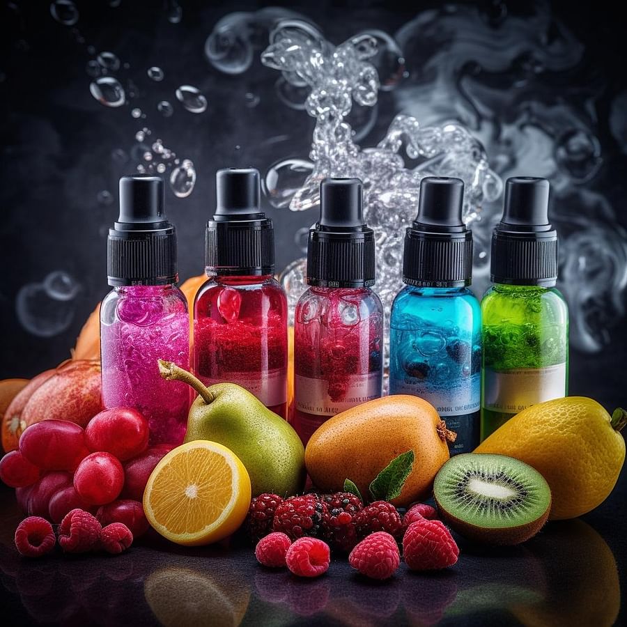 A variety of fruity e-liquid bottles