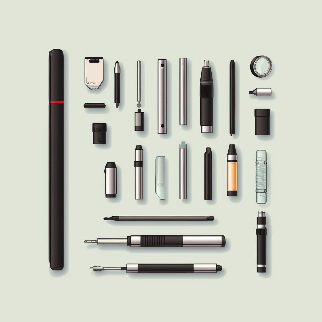 A vape pen and its components laid out on a table
